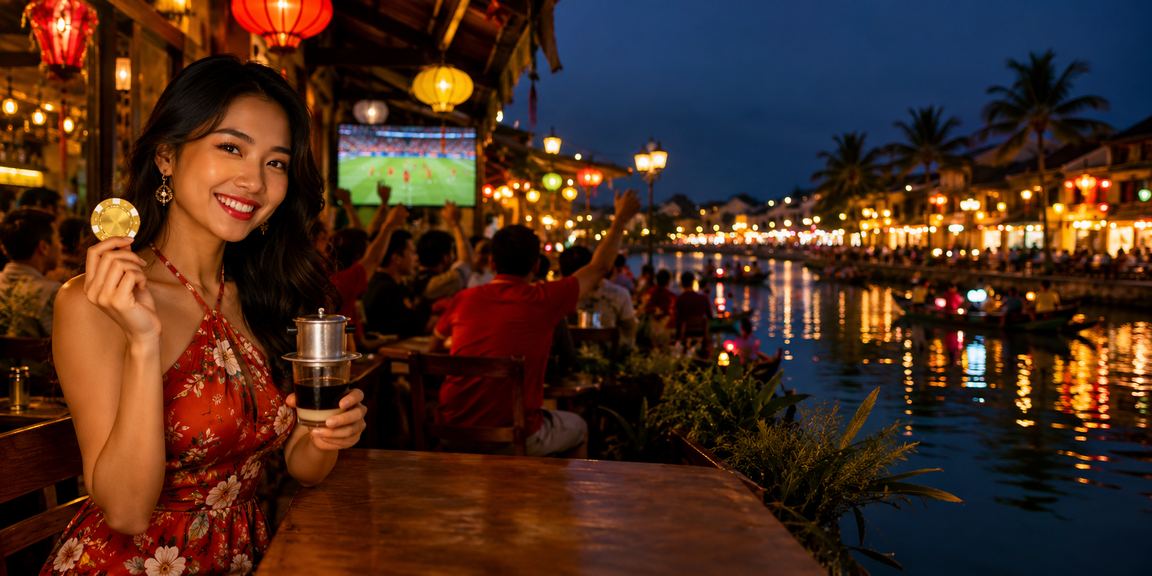 Người phụ nữ thưởng thức cà phê tại Hội An trong không gian giải trí
